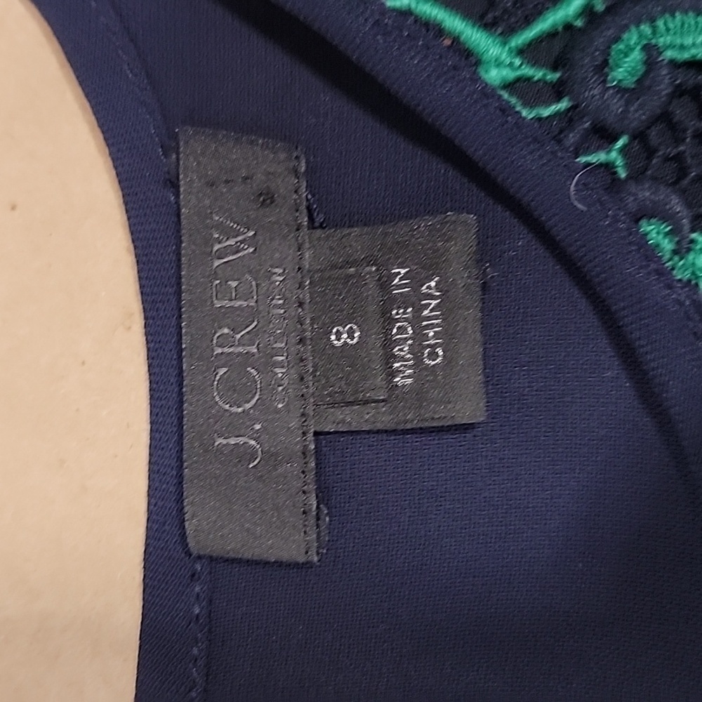 J. Crew Collection, Navy with Green Embroidered Lace Top, Silk Sleeves, Size 8 - Picture 12 of 14